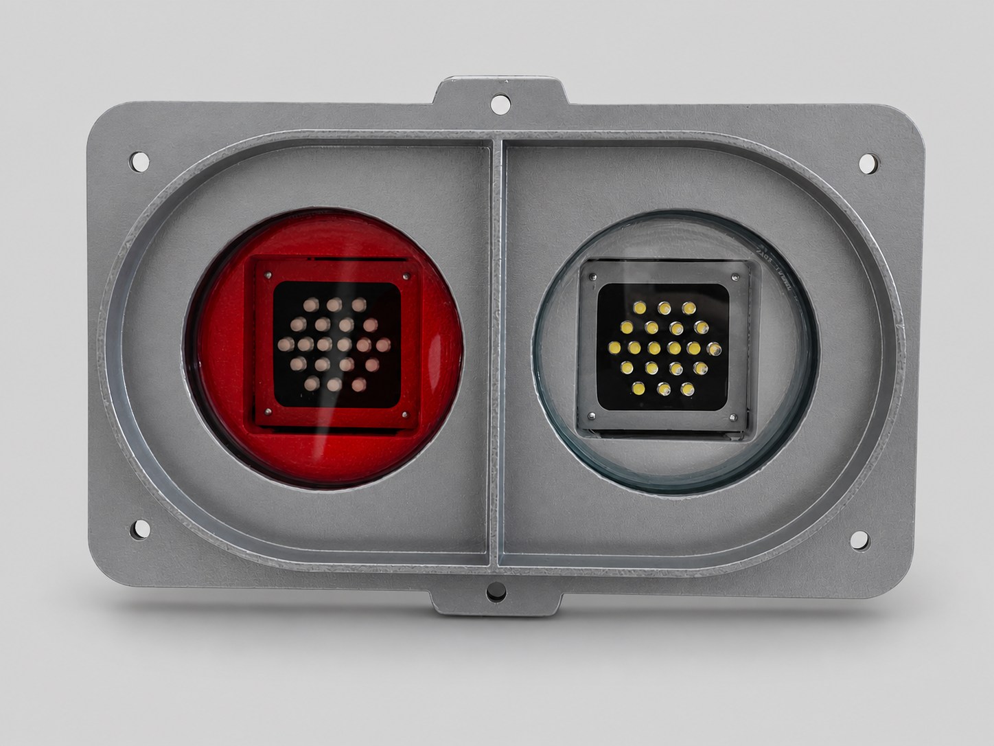Marker and tail lamp assembly with one red lens and one clear white lens